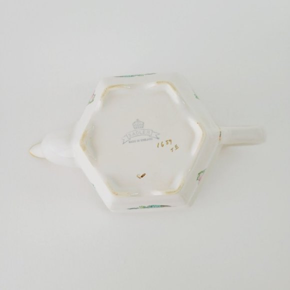 Vintage Sadler Indian Tree Teapot Hexagonal Shape Pink Oriental Floral Gold Trim - Picture 8 of 13